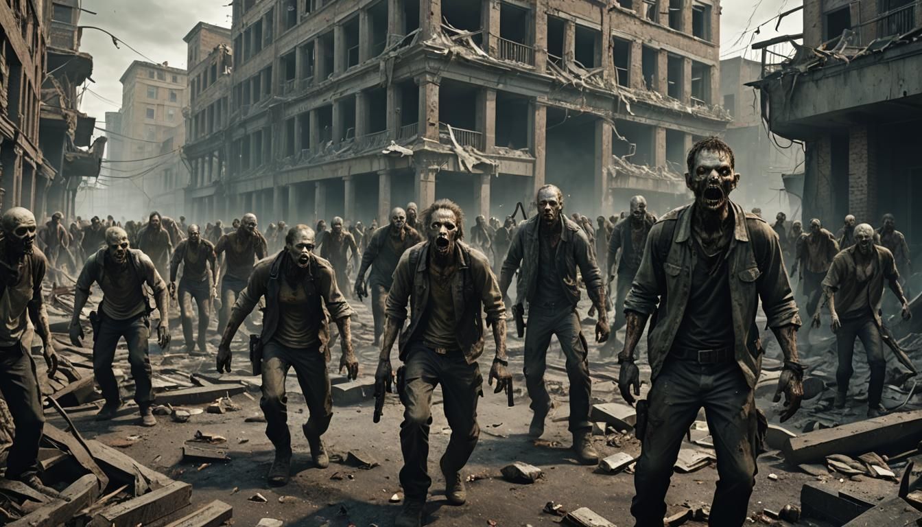 Zombie Horde in Post-Apocalyptic City Ruins