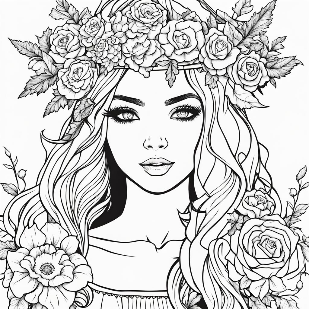 Halloween Girl Witch Coloring Page with Flower Crown