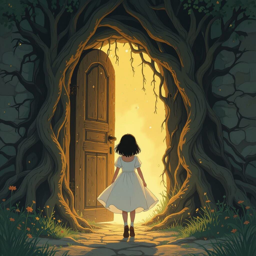 Girl Stares into Root Doorway with Golden Glow
