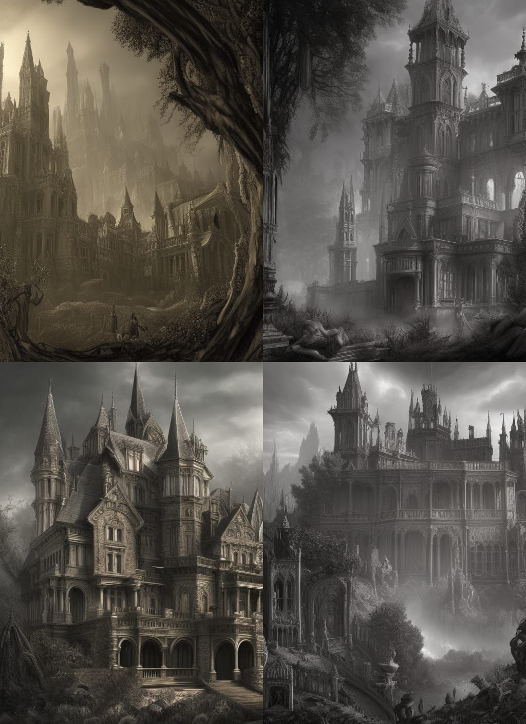 Gothic Mansion Charcoal Drawing in Doré Style