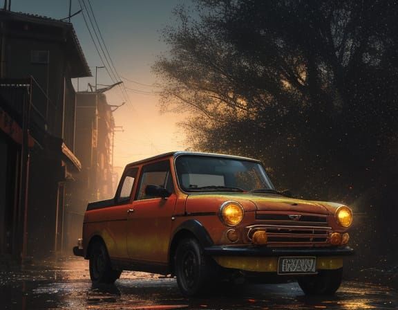 Red Daihatsu Mini Truck on Wet Road as Oil Painting