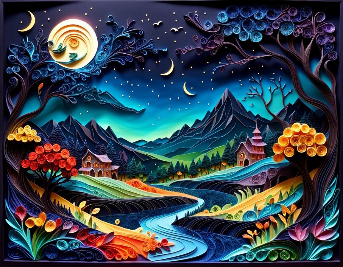 Mythic Nocturnal Fantasy Landscape in Paper Quilling Style