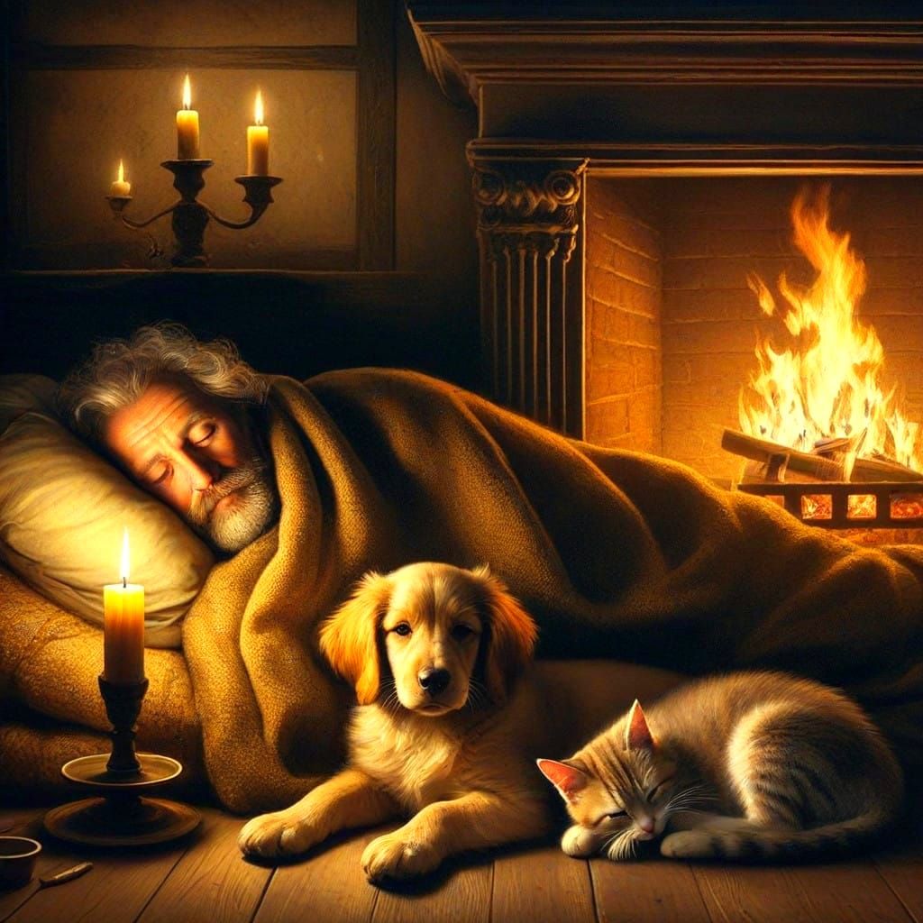 Intimate Scene of Human, Puppy, and Kitten by Candlelight