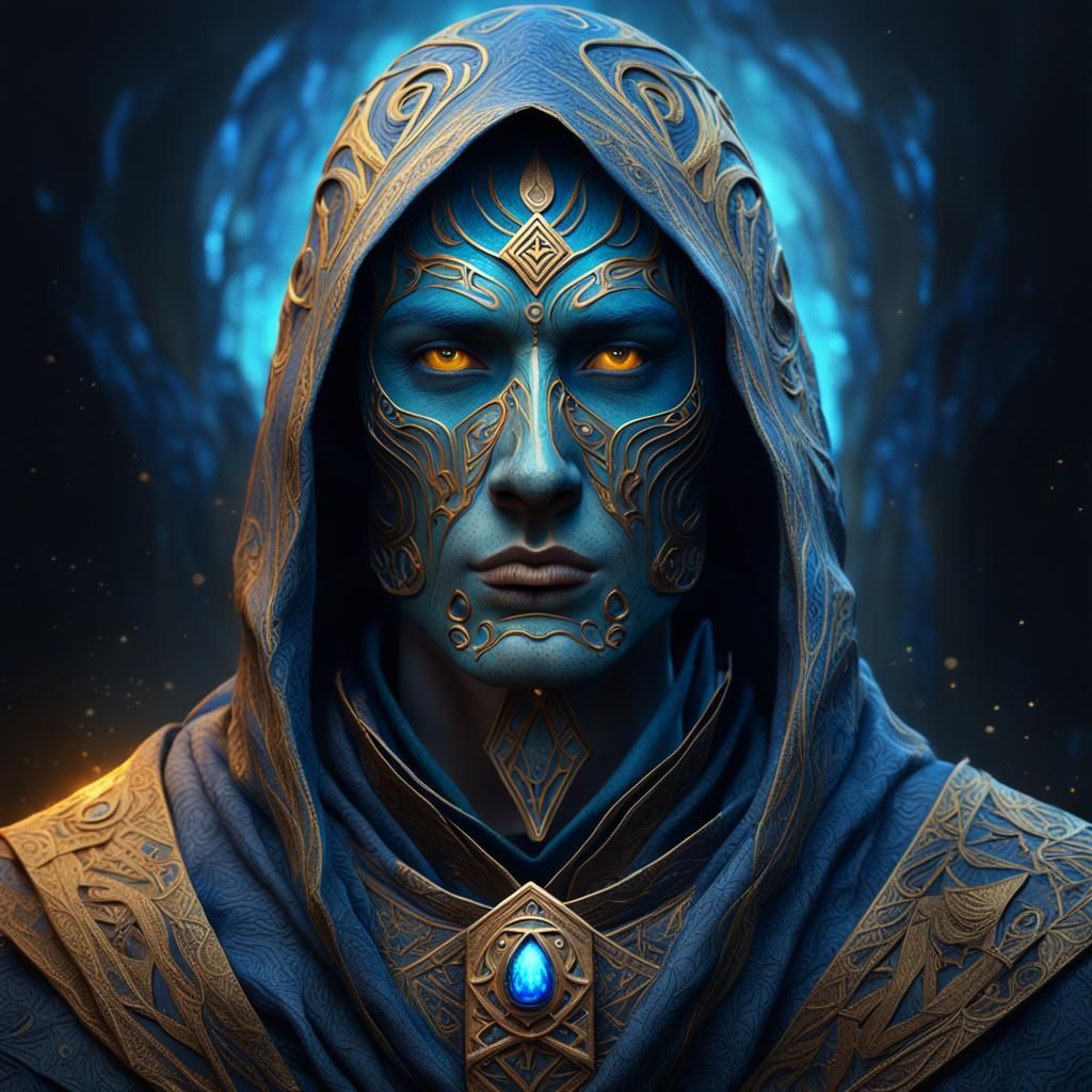 Mysterious Figure Portrait with Runes in Surreal Style