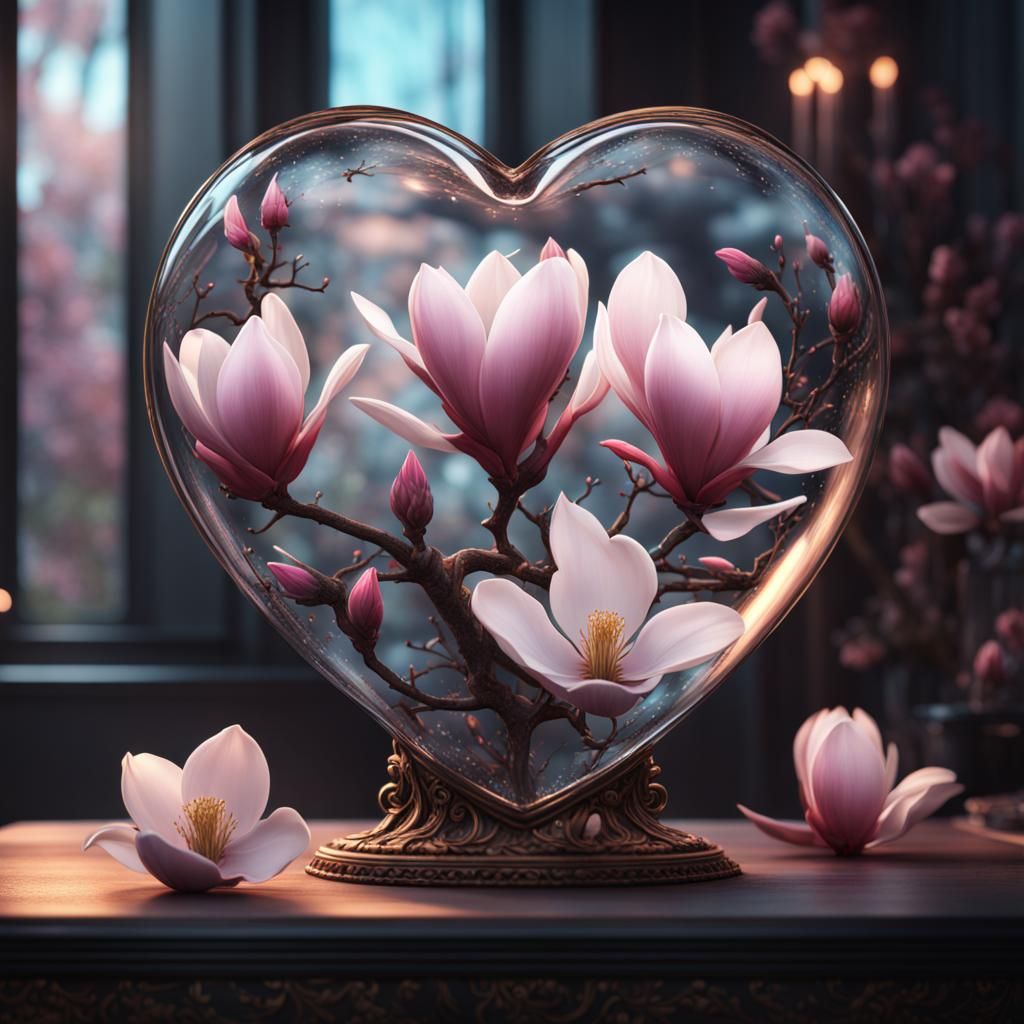 Magnolias Bloom in Glass Heart: Detailed Matte Painting