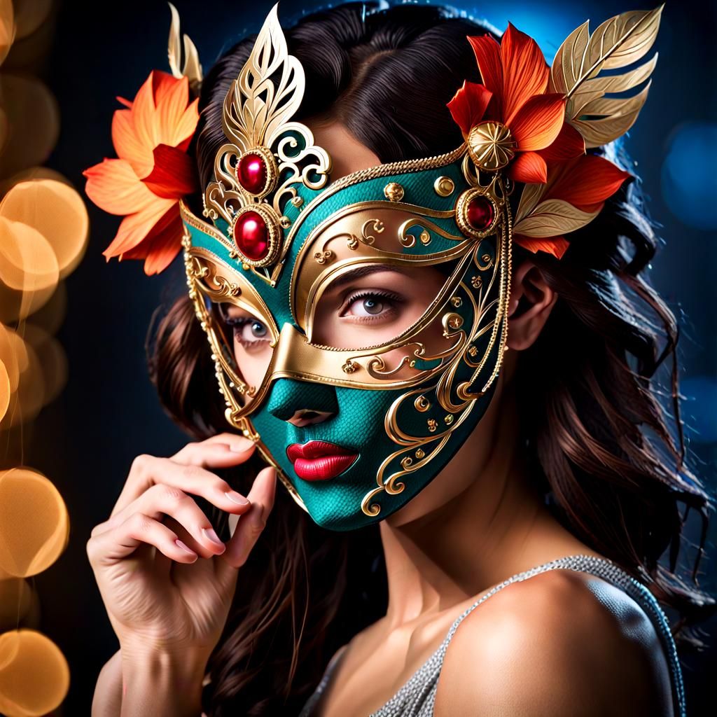 Masked Woman at Masquerade Banquet, Digital Art