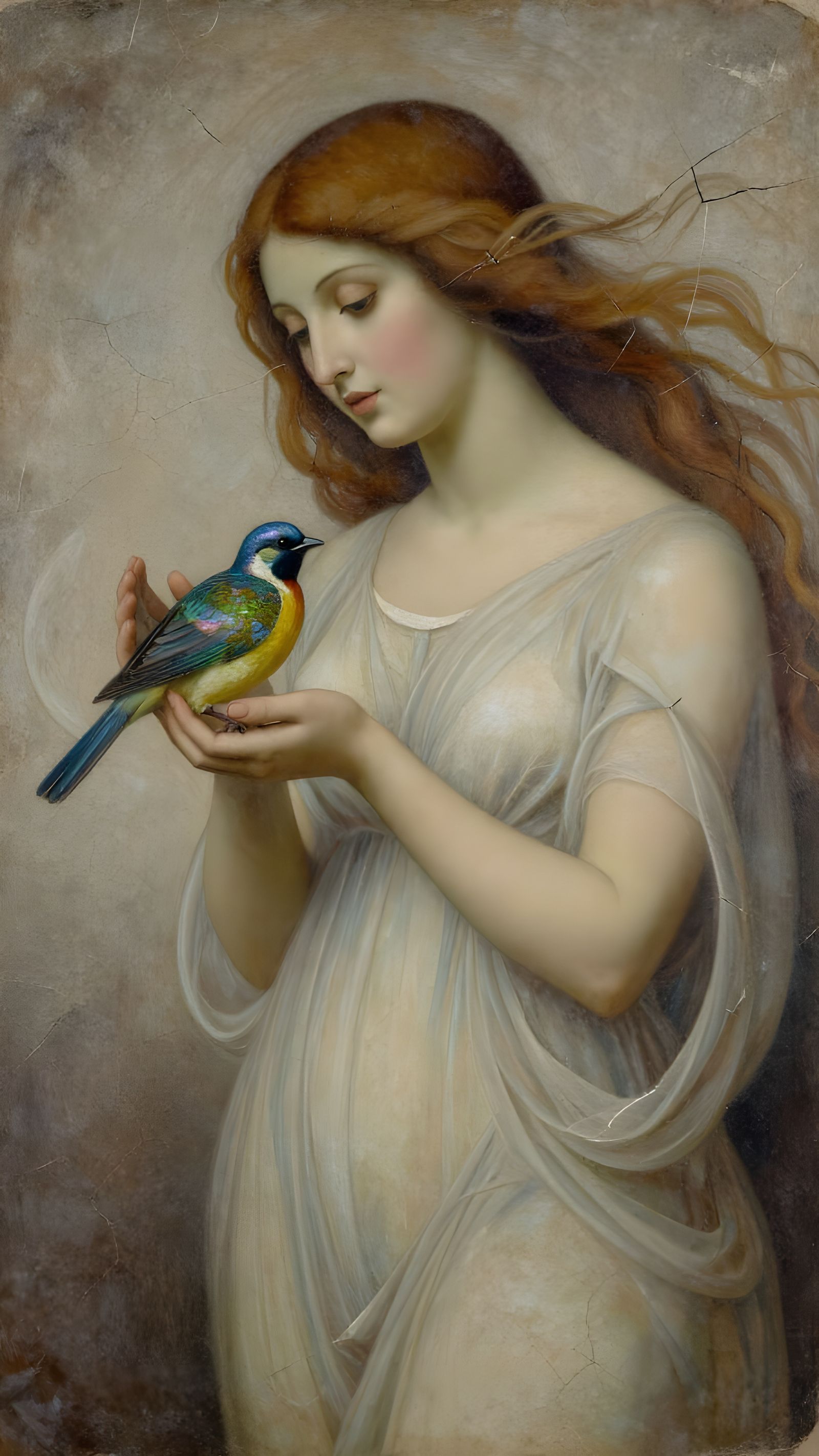 Woman Holding Bird in Cracked Texture Style