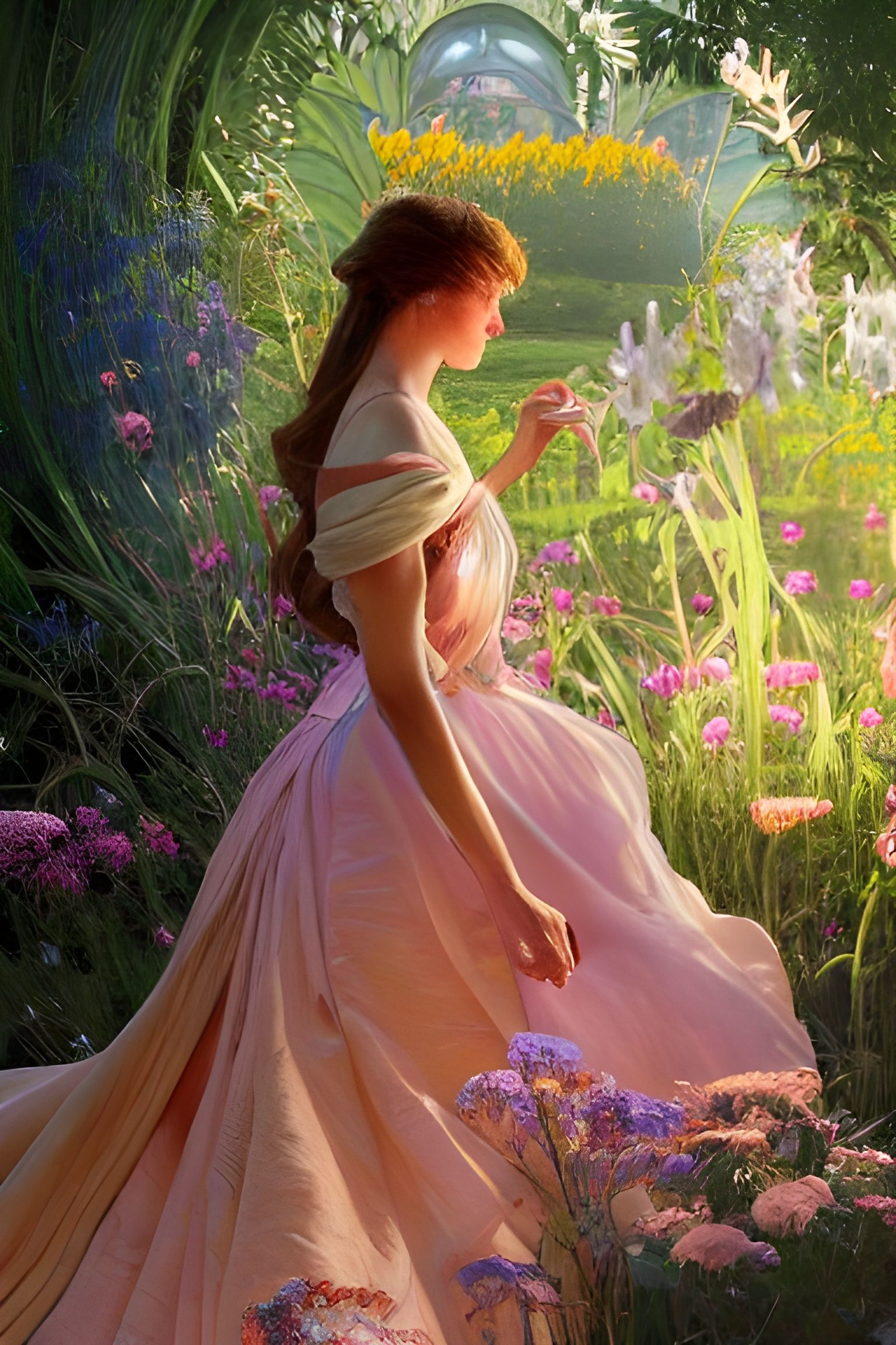 Elegant Portrait in Flower Garden, Magical Realism Style
