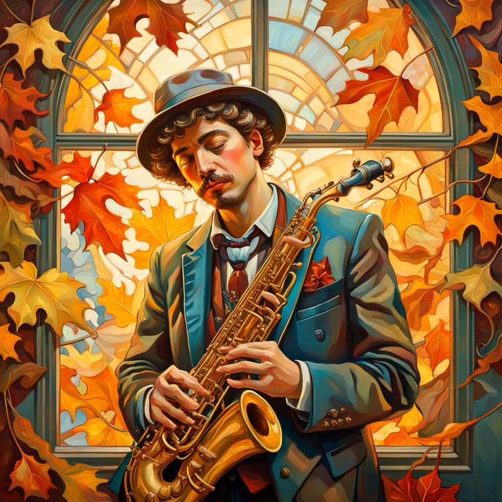 Autumn Saxophonist in a Museum, Art Nouveau Style