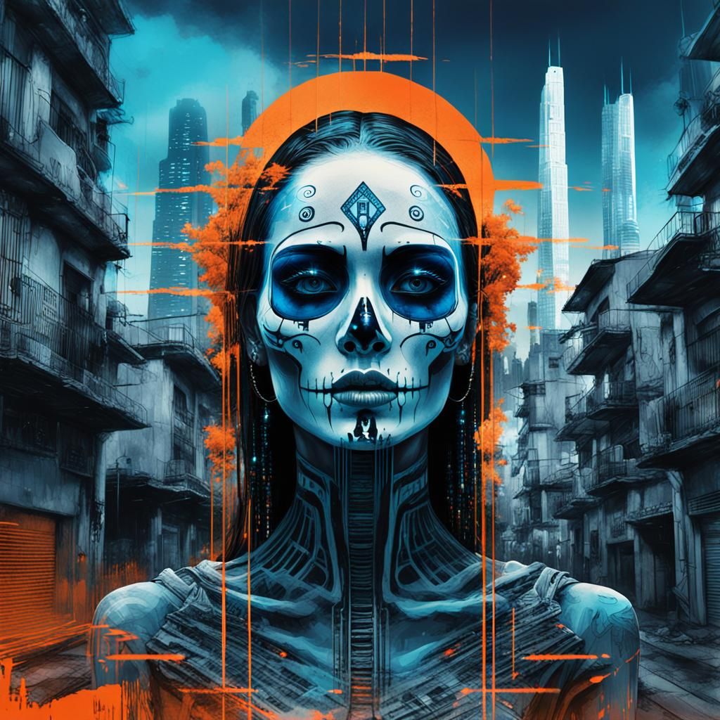 Futuristic Glitch Art Catrina in Urban Landscape