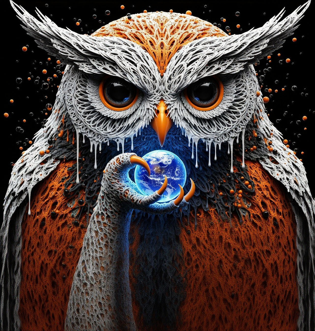 Intricate 3D Owl Render with Glowing Earth Orb