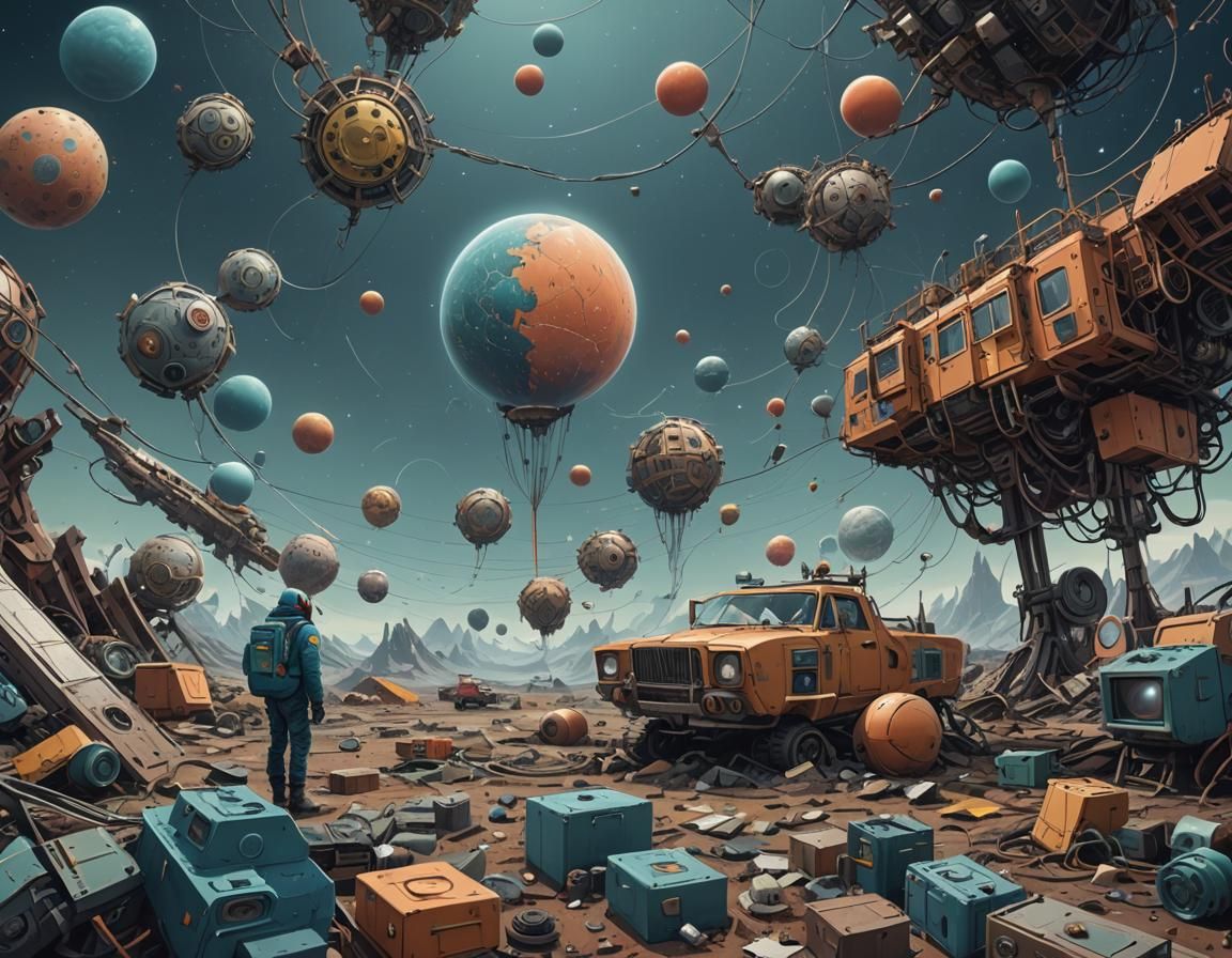 Random Objects in Space in Digital Matte Painting Style