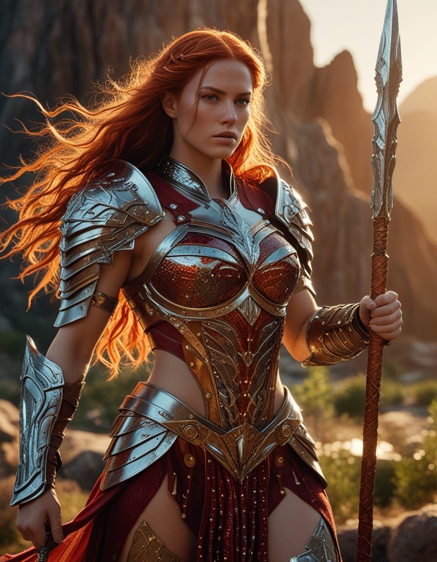 Muscular Female Warrior with Crystalline Armor Holding Spear