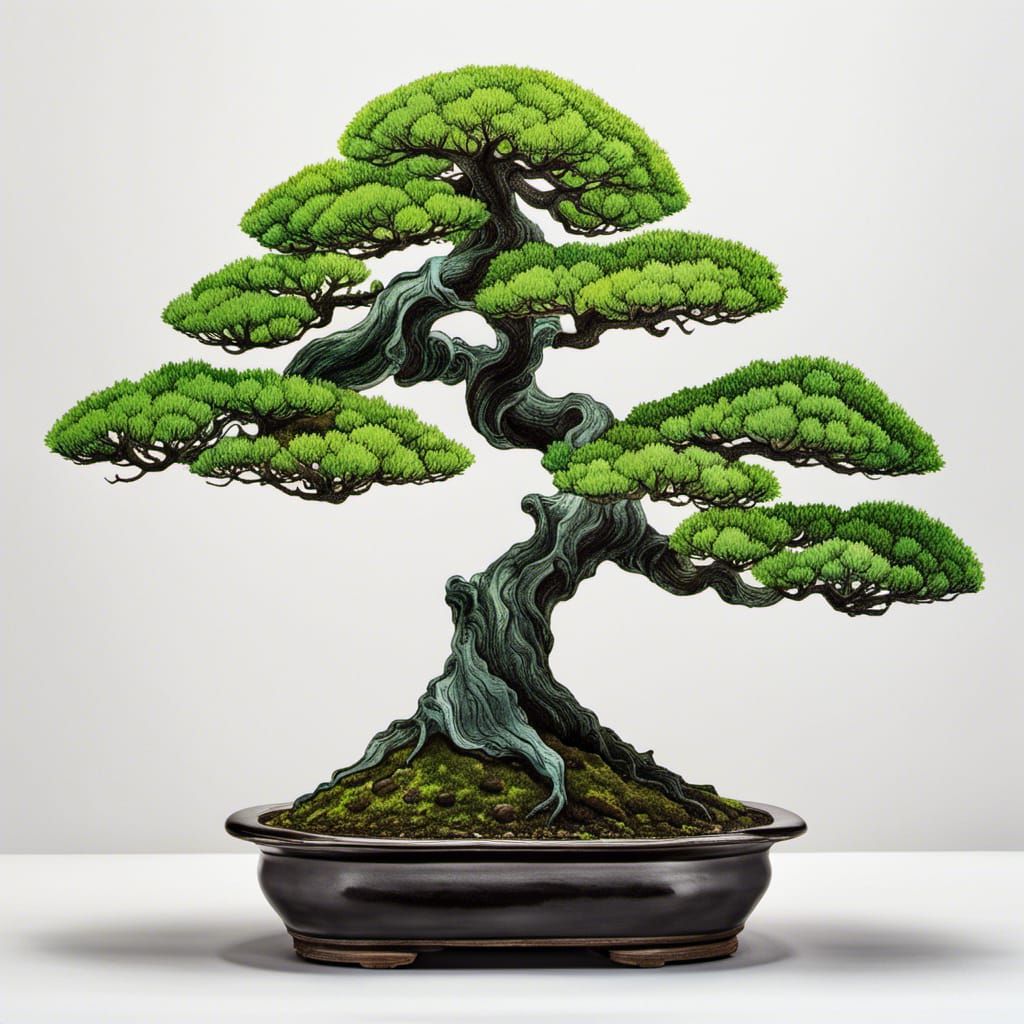 Elegant Bonsai Tree in Flowing Green Ink