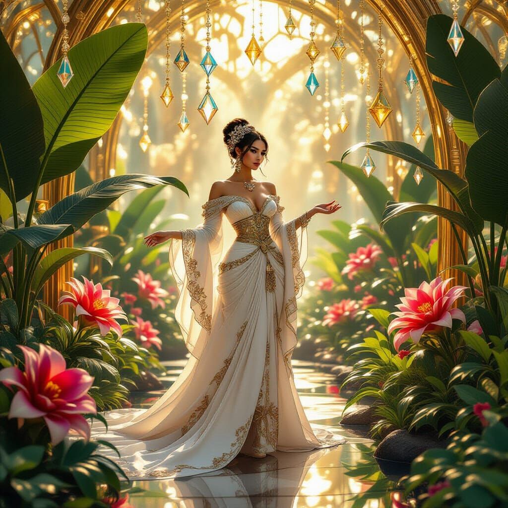 Dreamlike Woman Surrounded by Exotic Flora and Gems