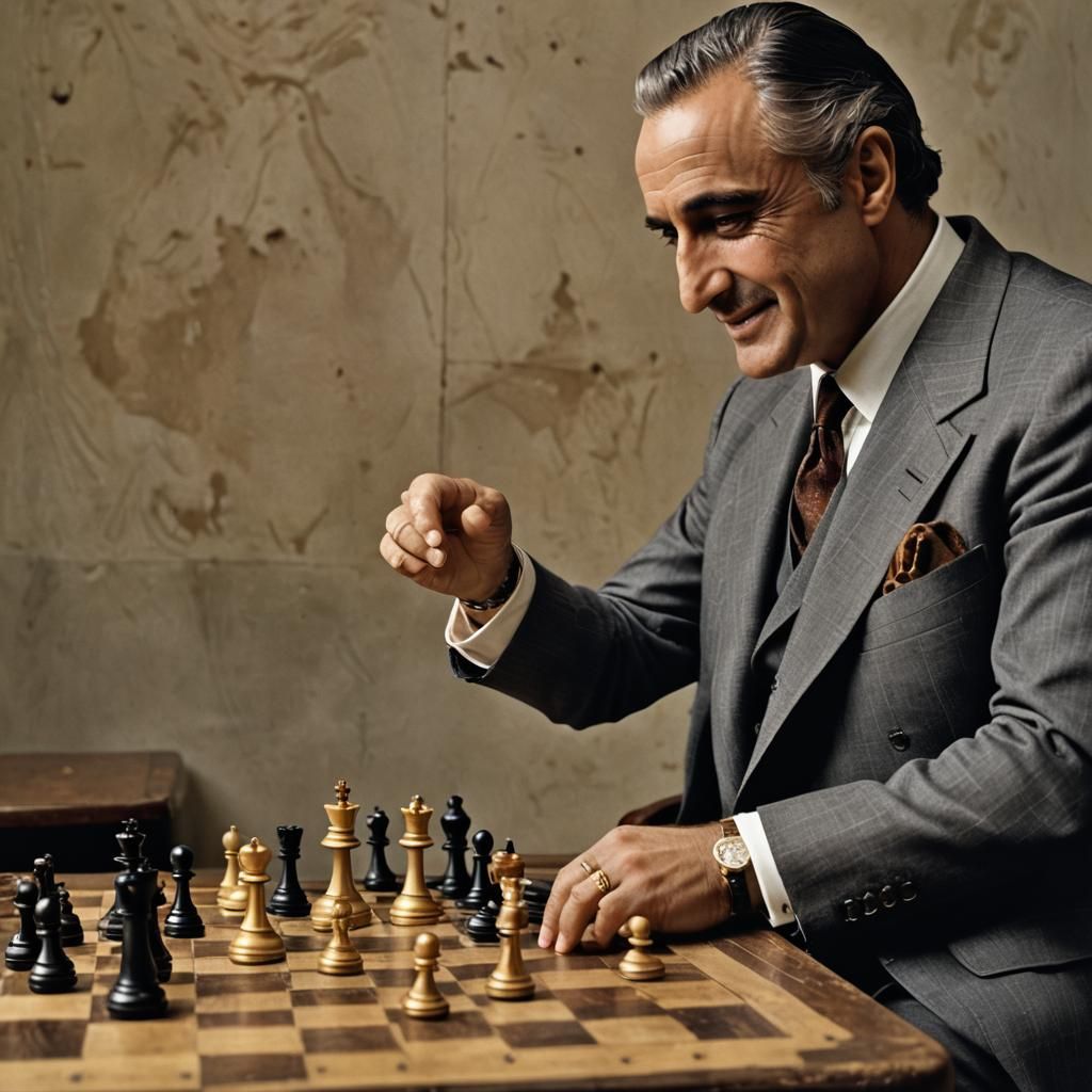 A weathered chessboard on a table. The focus is on the godfather's hand, clad in a gold signet ring, hovering over a che...