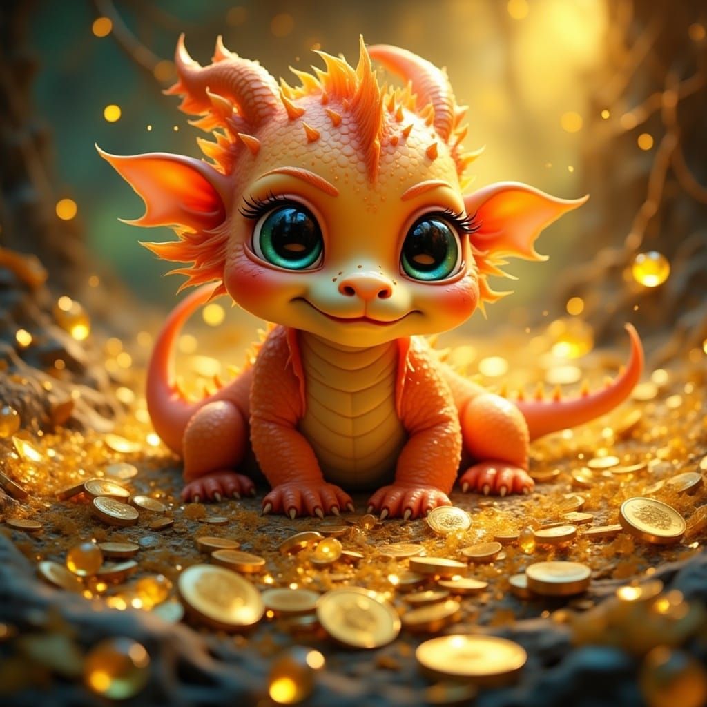 Whimsical Baby Dragon Amidst Golden Treasures