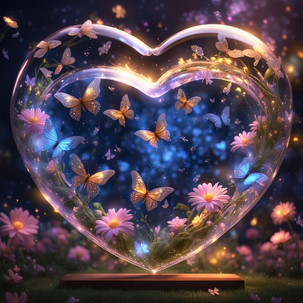 Sparkling Crystal Heart with Fireflies in 3D Render