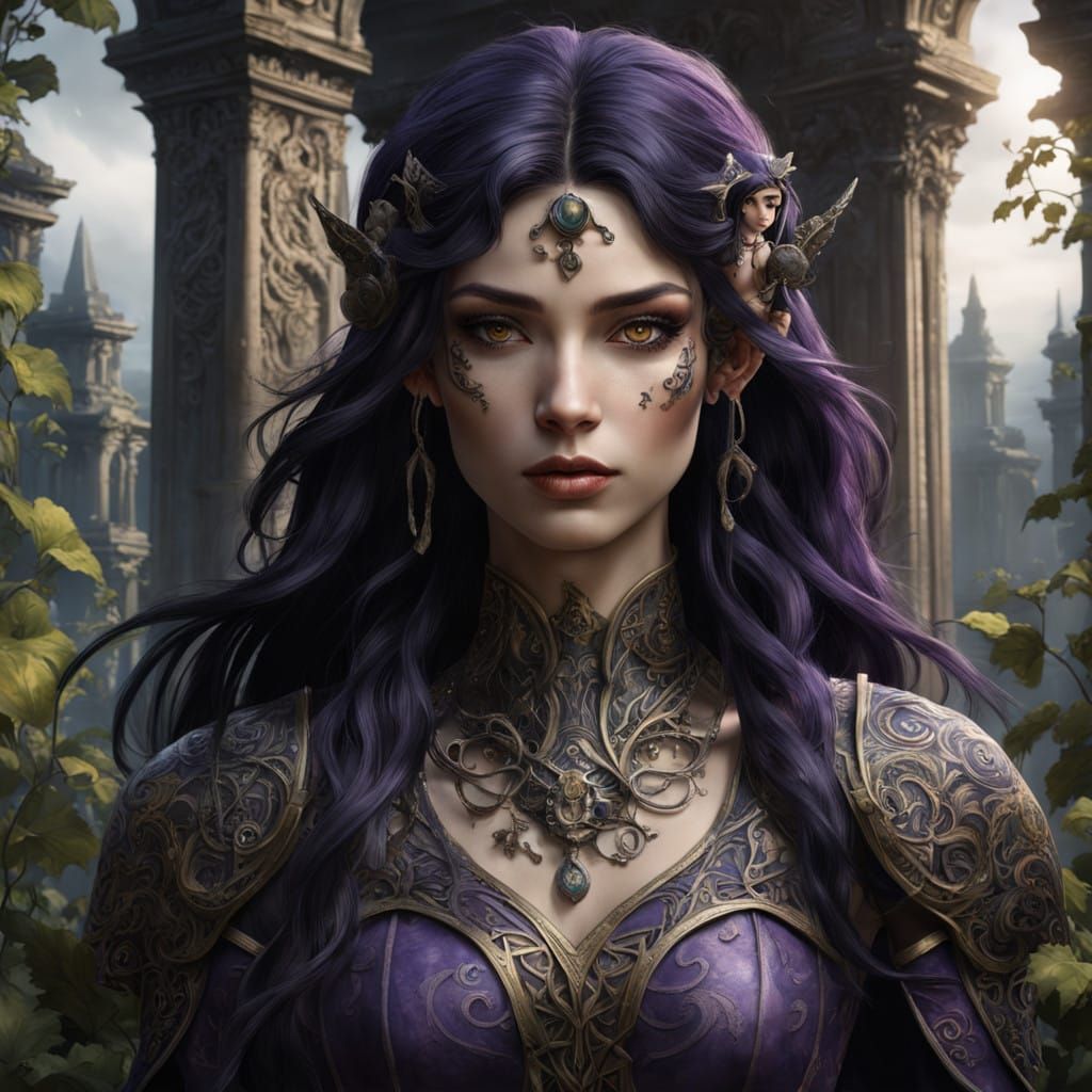 Dark Fantasy Moon Elf Hero in Ancient Ruins