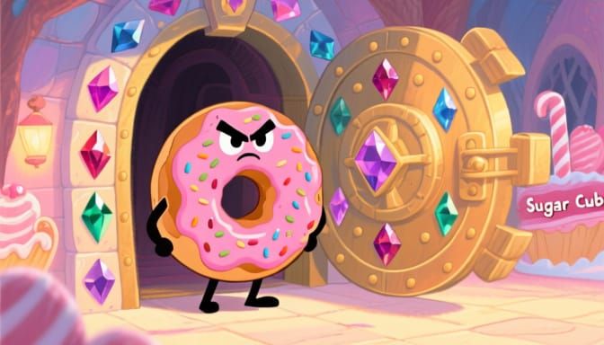 Whimsical Doughnut Guarding Sugar Cube Vaults in Storybook S...