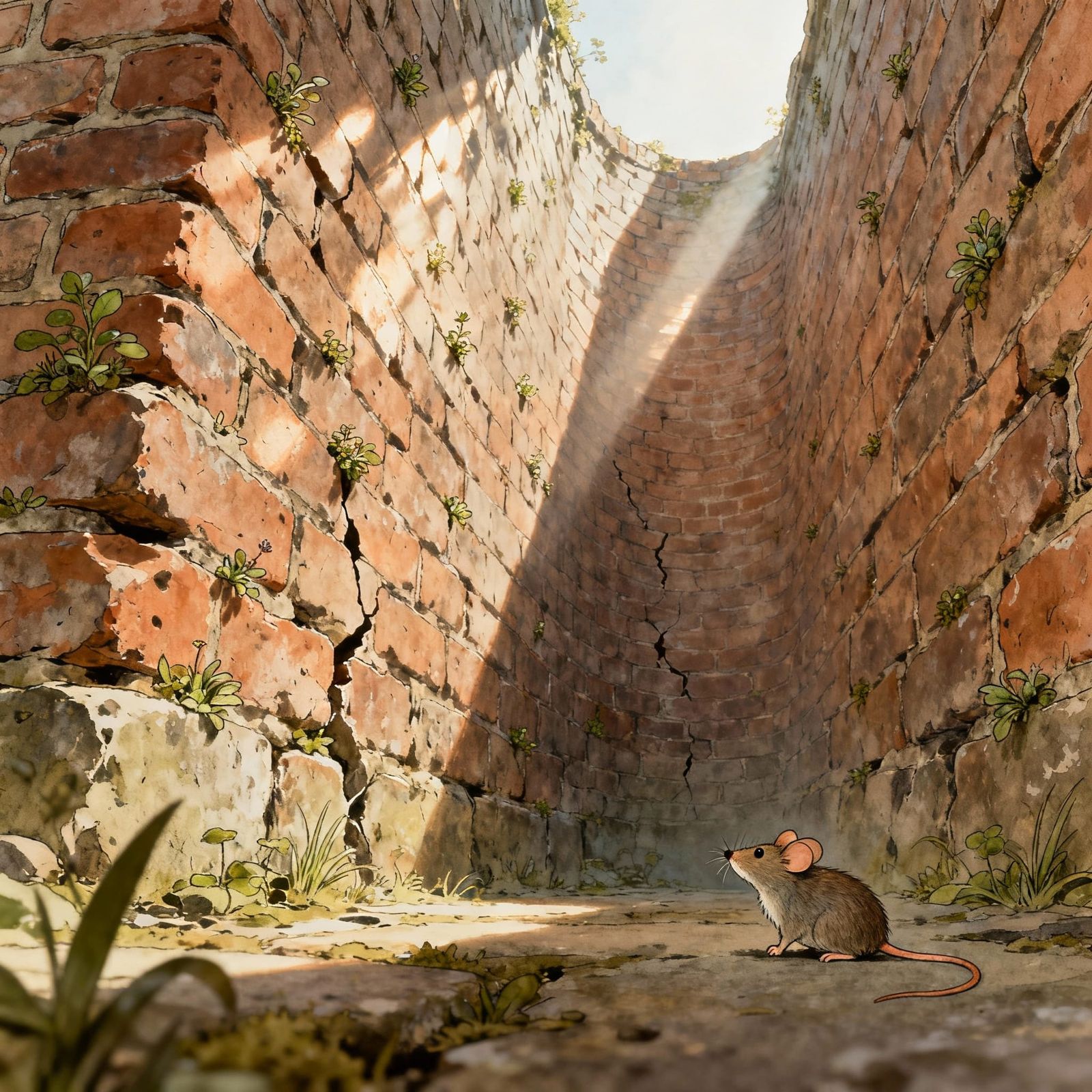 Tiny Mouse's View Of Immense Weathered Brick Wall
