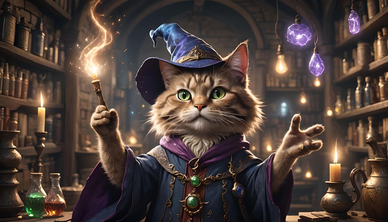 Anthropomorphic Cat Mage Casting a Spell in 8K