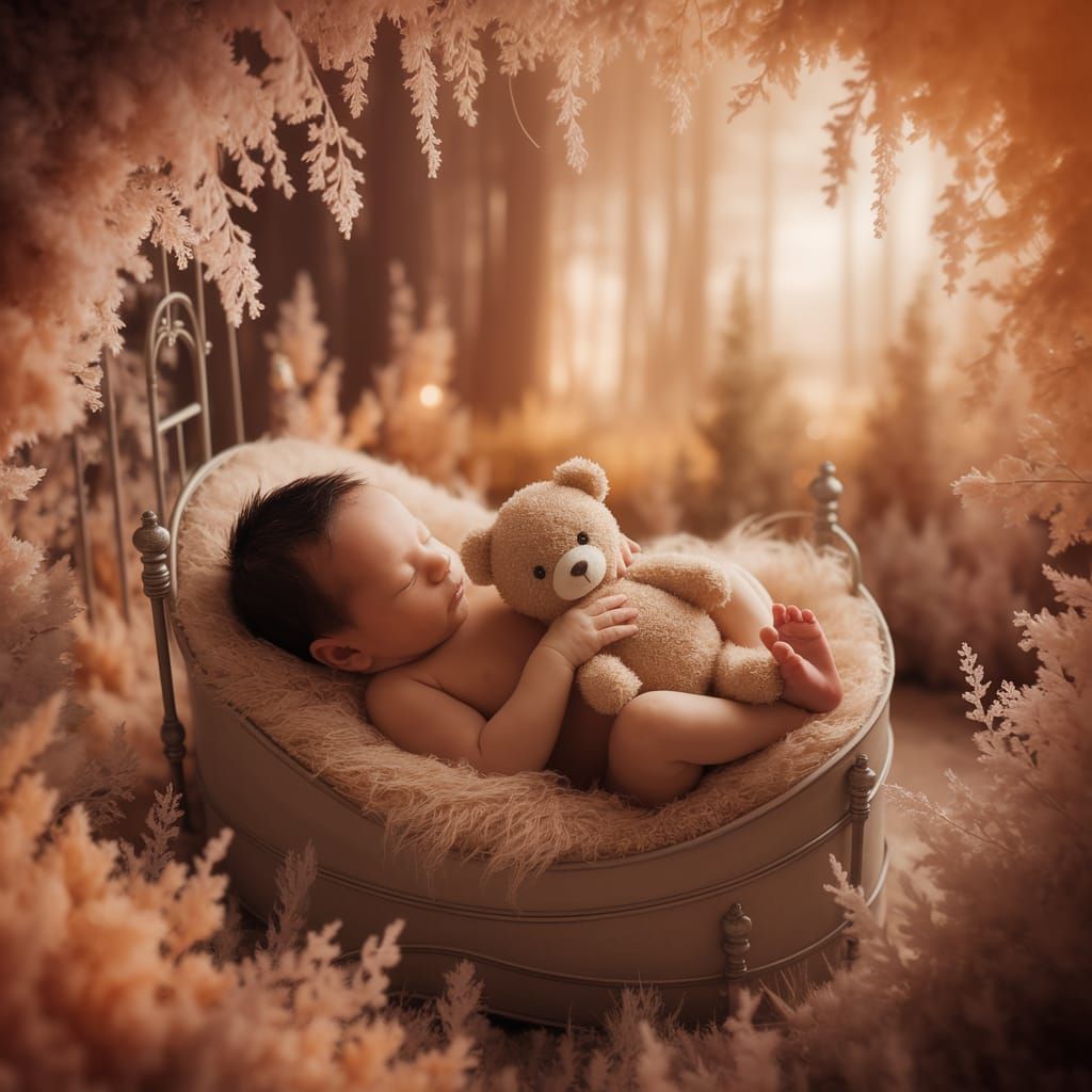 Newborn Baby Boy With Teddy Bear in Dreamy Wonderland