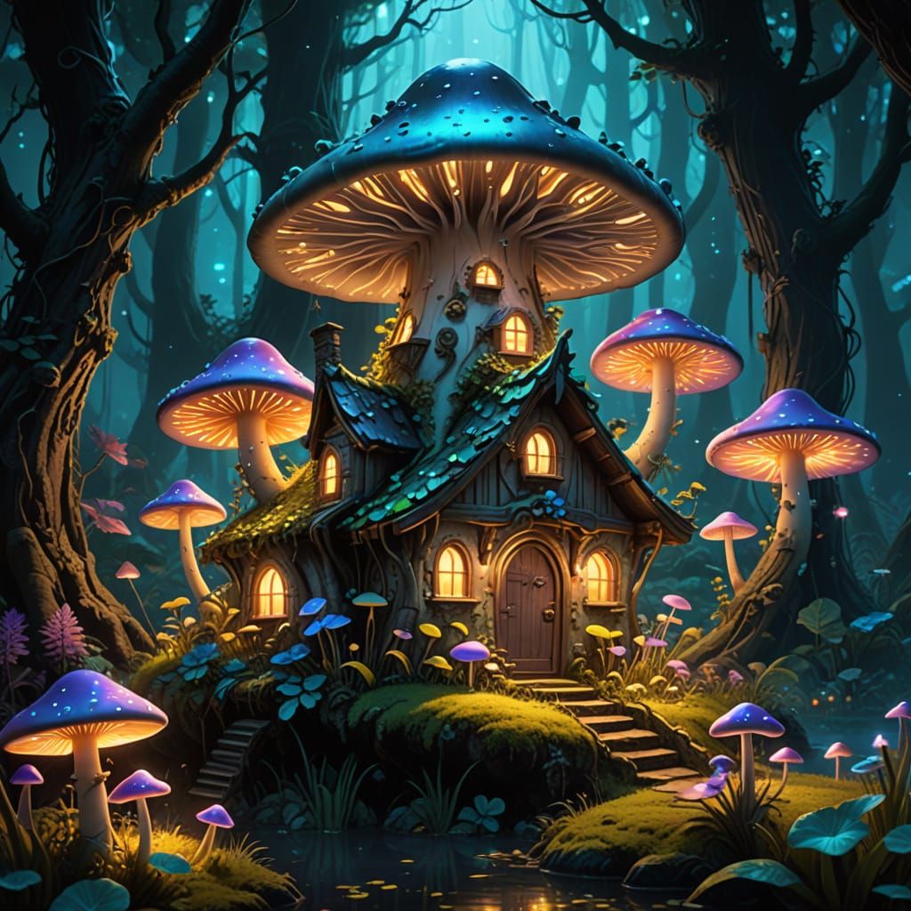 Mystical Bioluminescent Forest Scene in Whimsical Fantasy St...