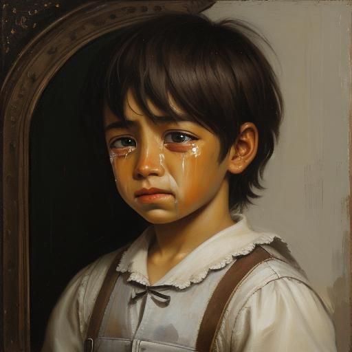 Crying Boy Painting in Oil Paint Style