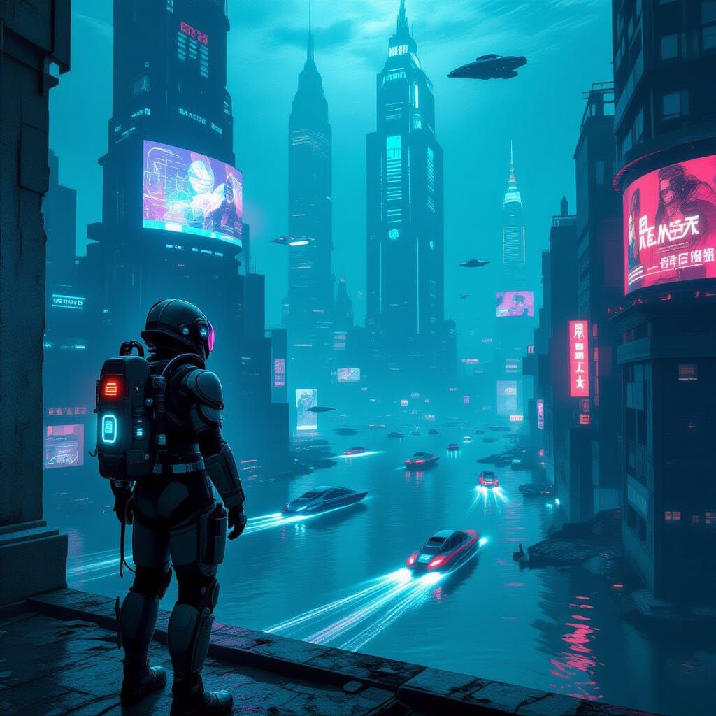 Submerged Cyberpunk City with Deco Skyscrapers