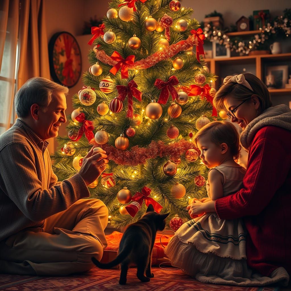 Warm Family Scene Around a Lush Christmas Tree