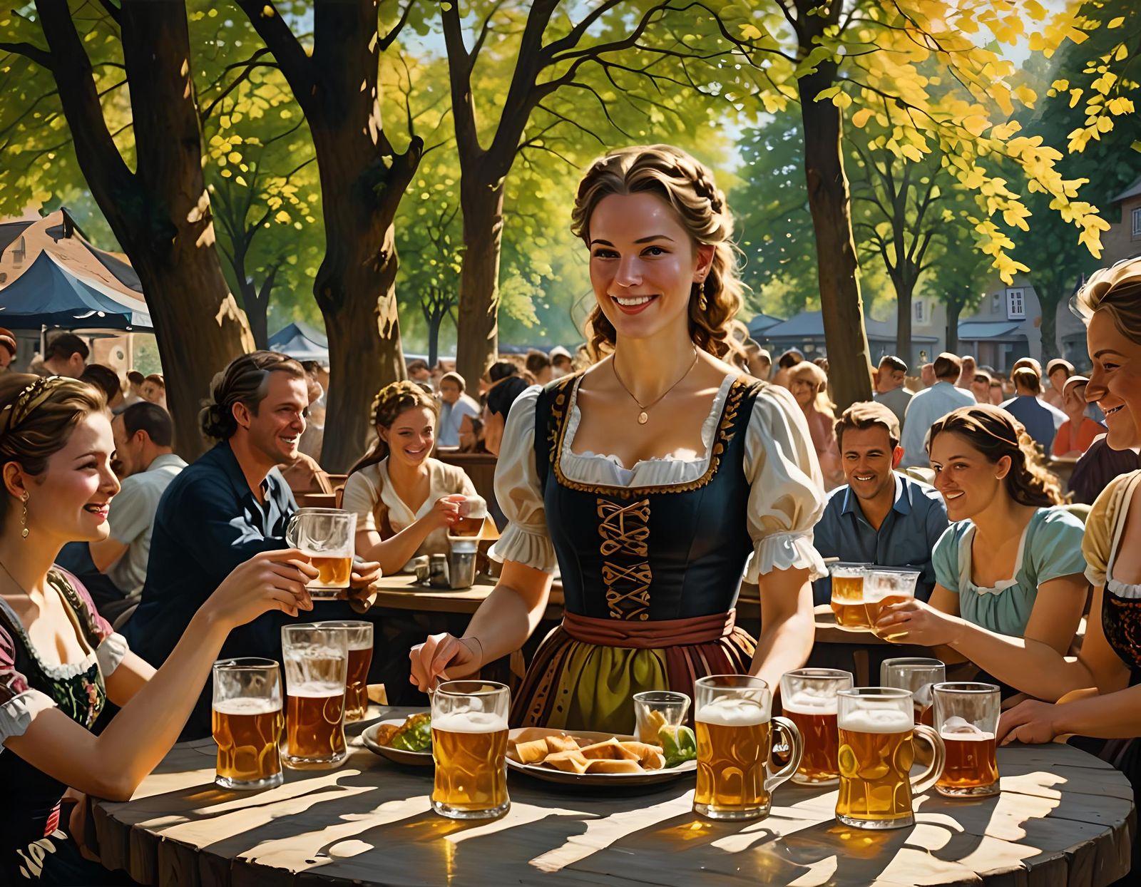 Oktoberfest Beer Garden Scene in Impasto Style