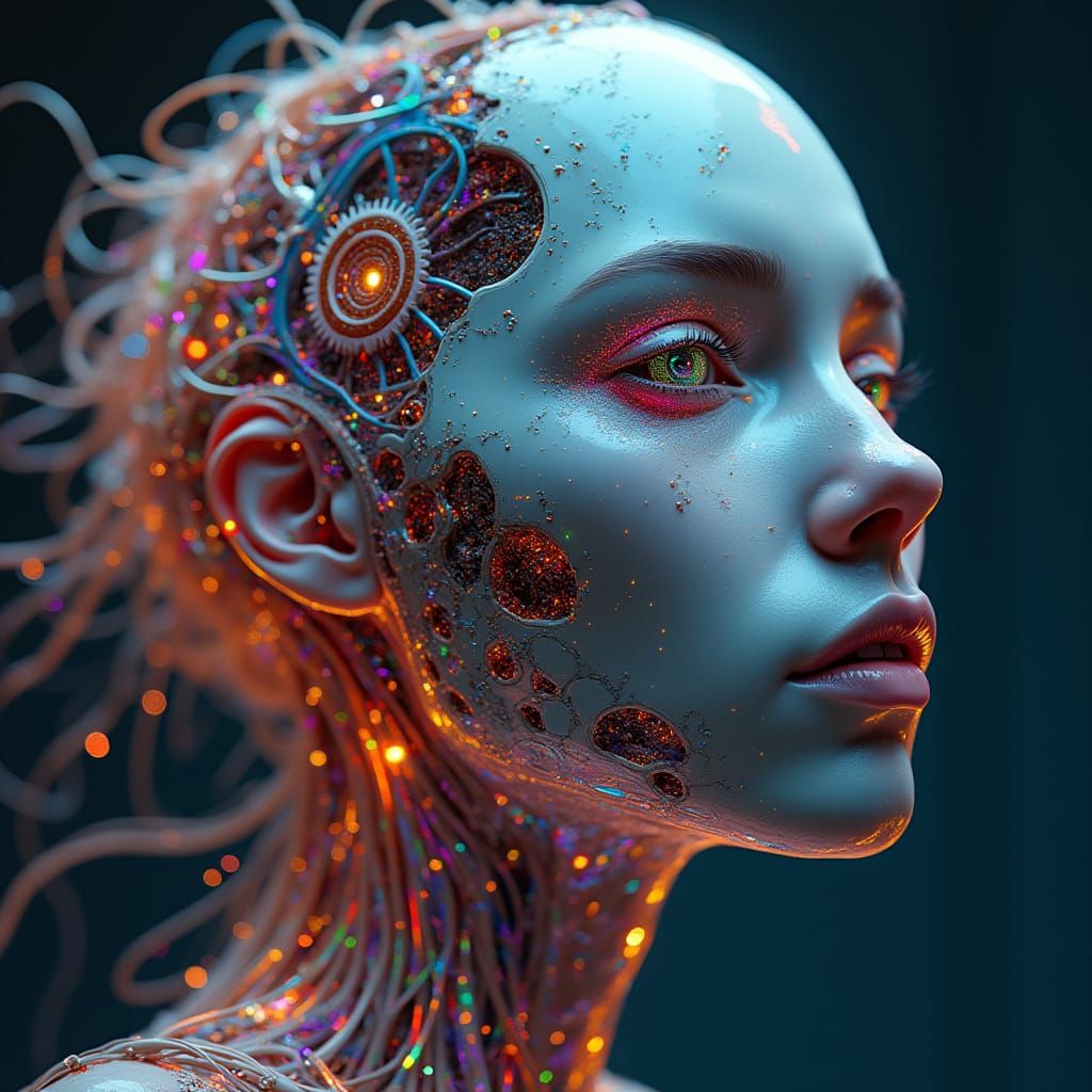 Cyberpunk Goddess with Shimmering Rainbow Gears