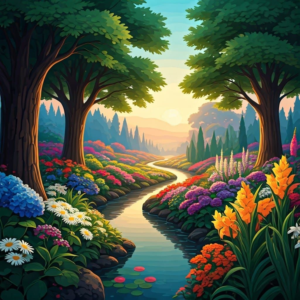 Lush Trees and Flowers in Dreamy Ethereal Landscape
