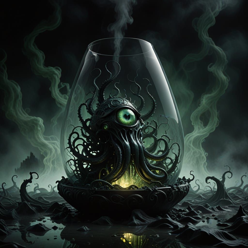 Ancient Glass Vessel Awakens in Dark Fantasy Scene