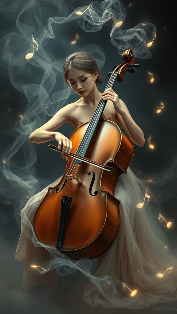 Hyper-Realistic Cello Player in Ethereal Mist