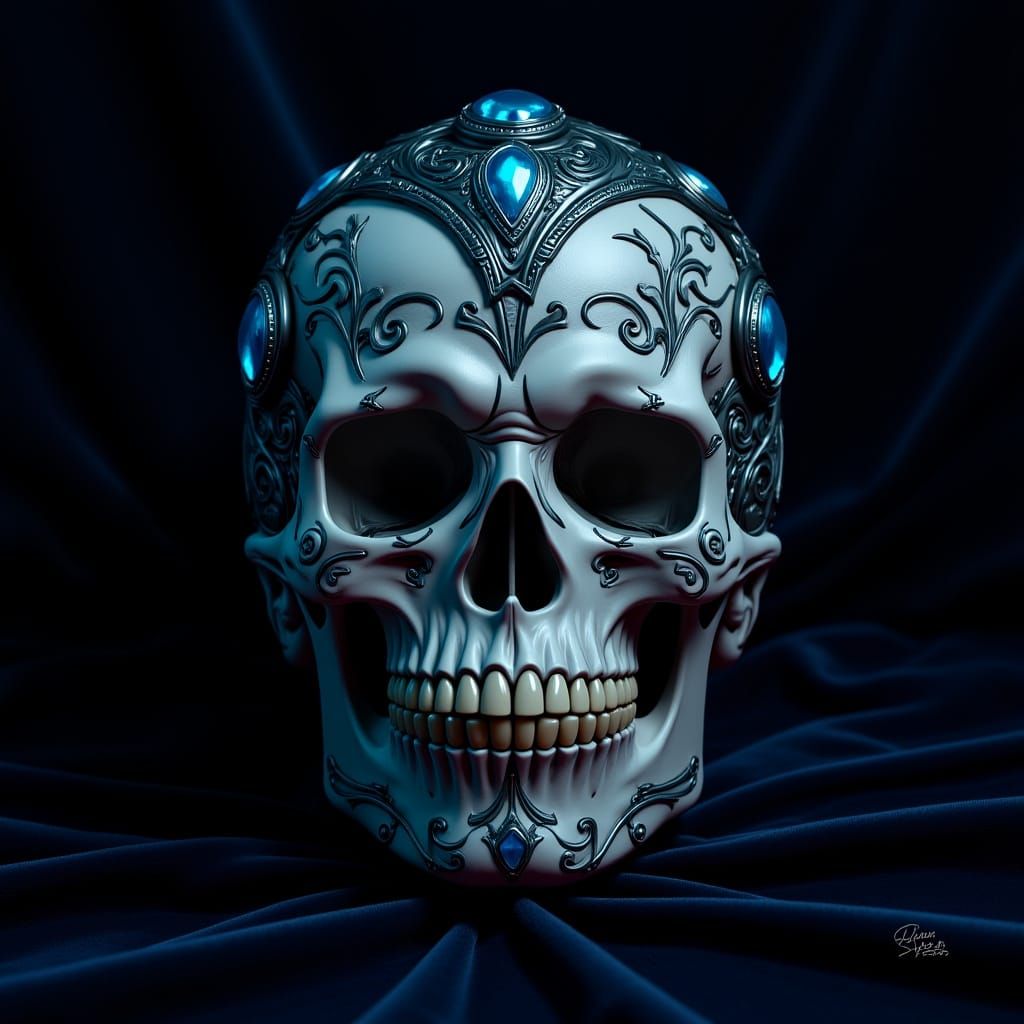Ornate Jeweled Skull on Velvet, Digital Art