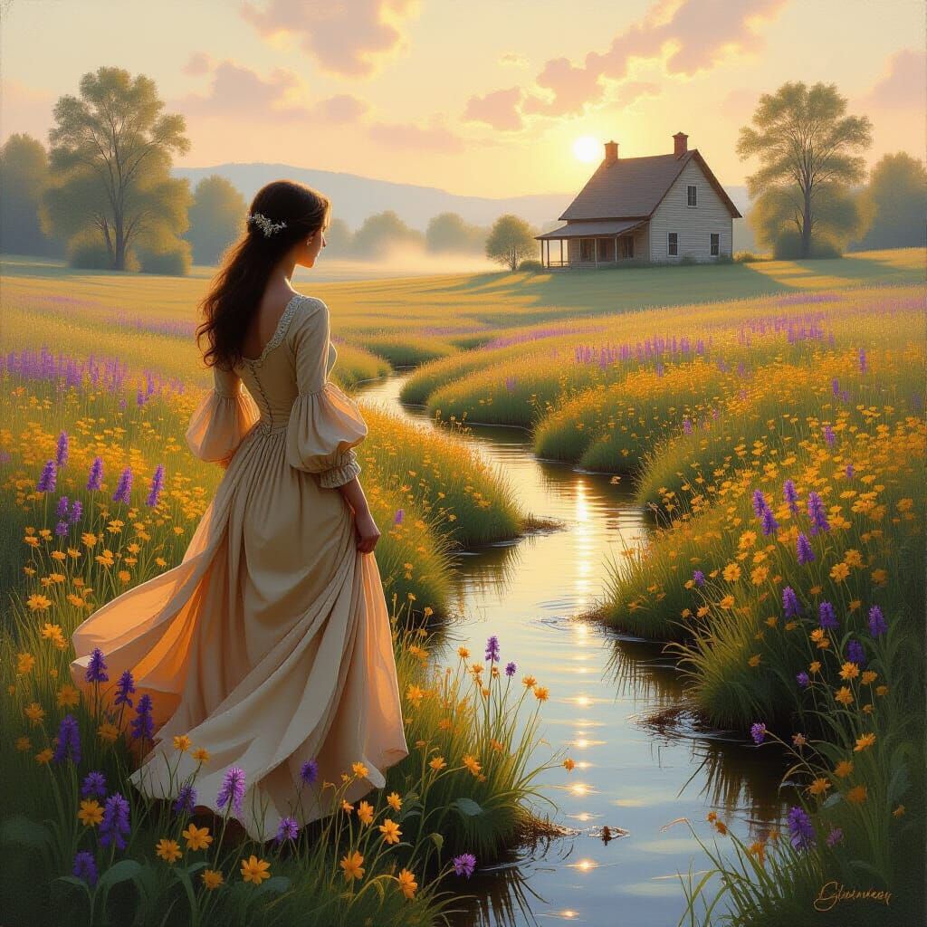 Woman Gazing at Misty Farmhouse in Wildflower Meadow