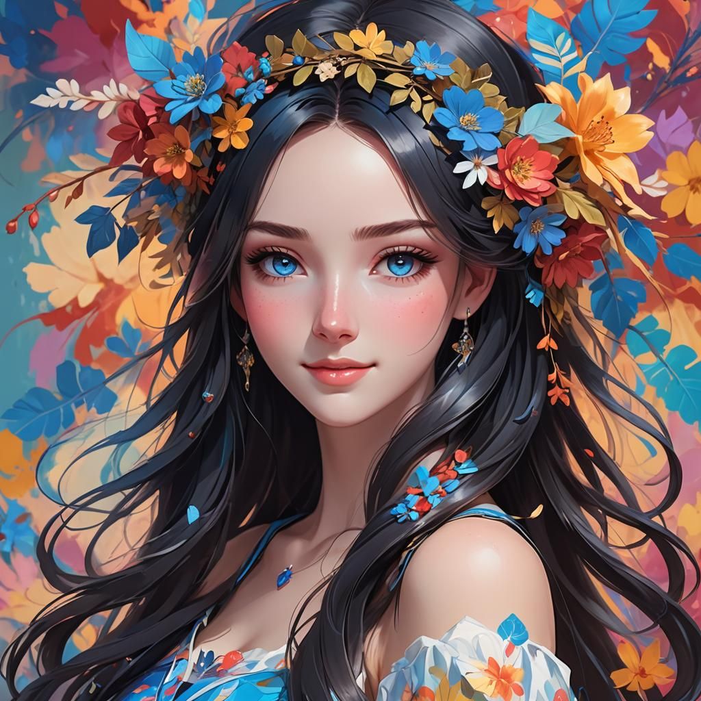 Anime Portrait: Woman with Floral Headpiece in 3D
