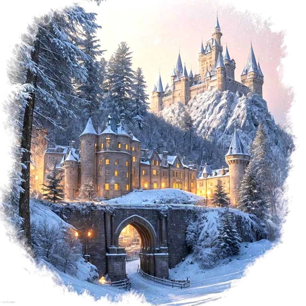 Winter Castle Amidst Snow-Capped Peaks