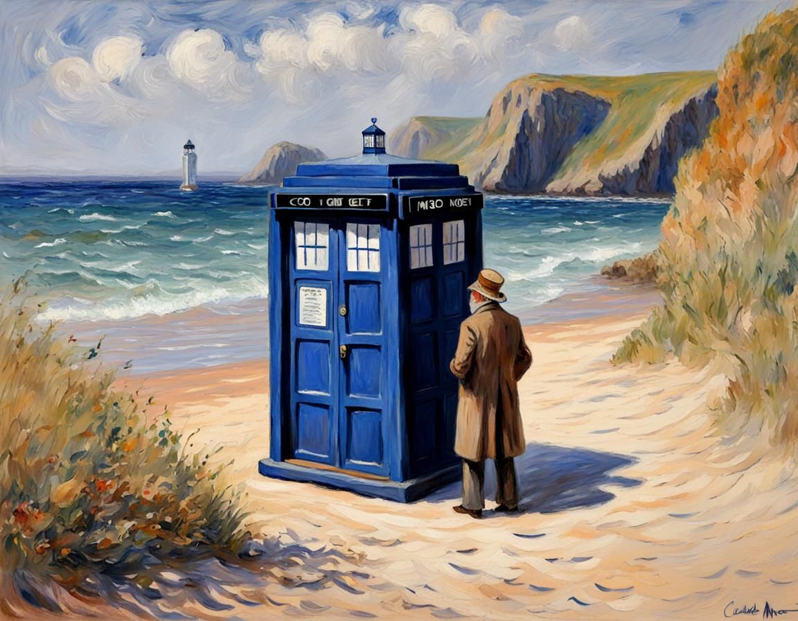Confused Man Finds Tardis: Impressionist Beach Scene