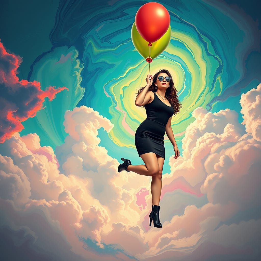 Ethereal Woman Ascends into Vibrant Cloudscape in Retro-Futu...