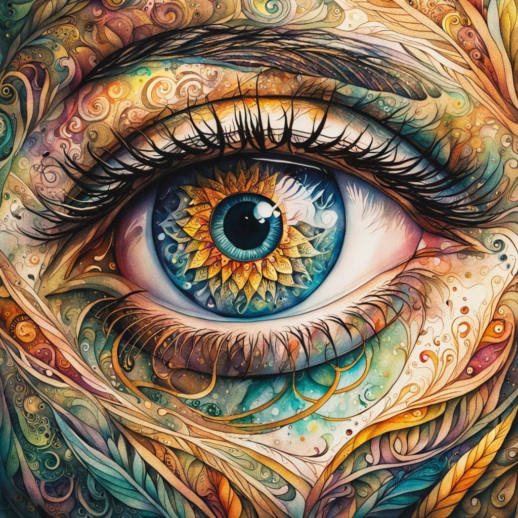 Intricate Eye Tattoo Portrait in Watercolor and Ink Style