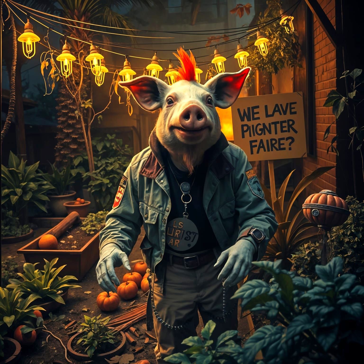Cyberpunk Pig-Headed Protester in Neon Garden