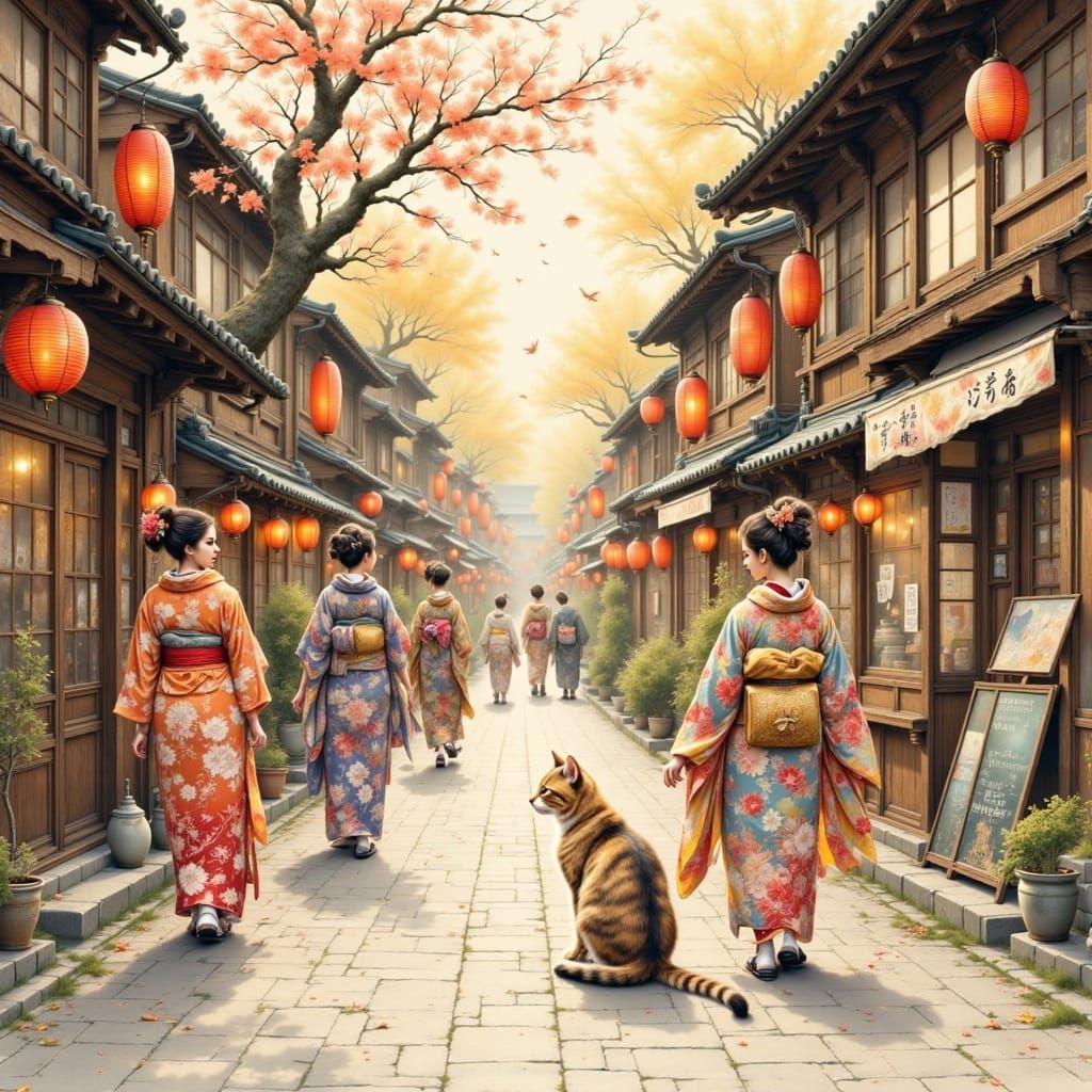 Whimsical Tabby Cat in Traditional Japanese Kyoto Streets