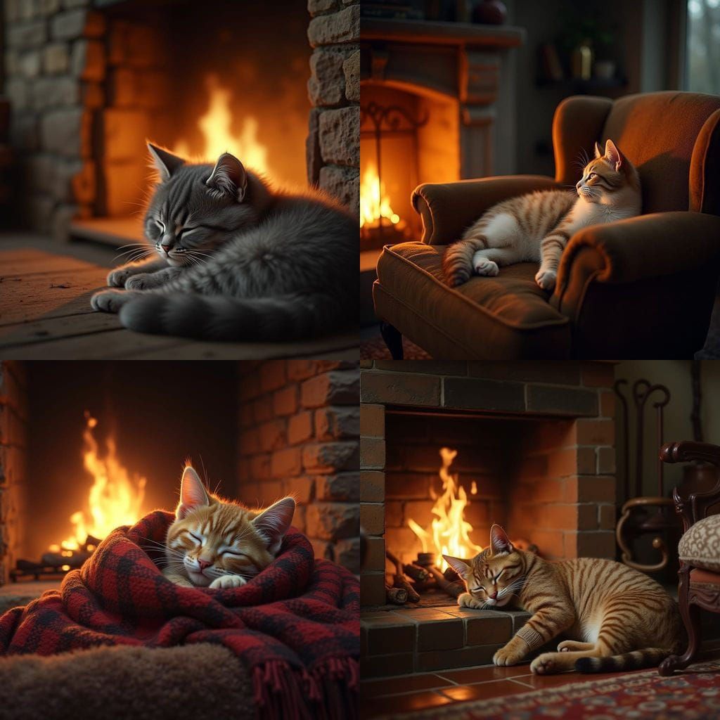 Cosy Winter Scene of a Sleeping Kitty by the Fireplace
