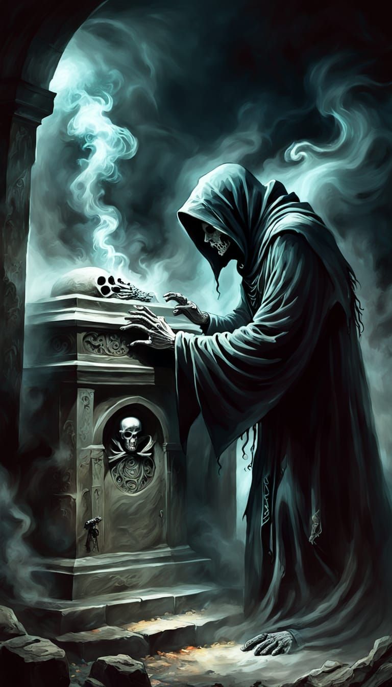 Ominous Figure Whispering in Tomb as Oil Painting