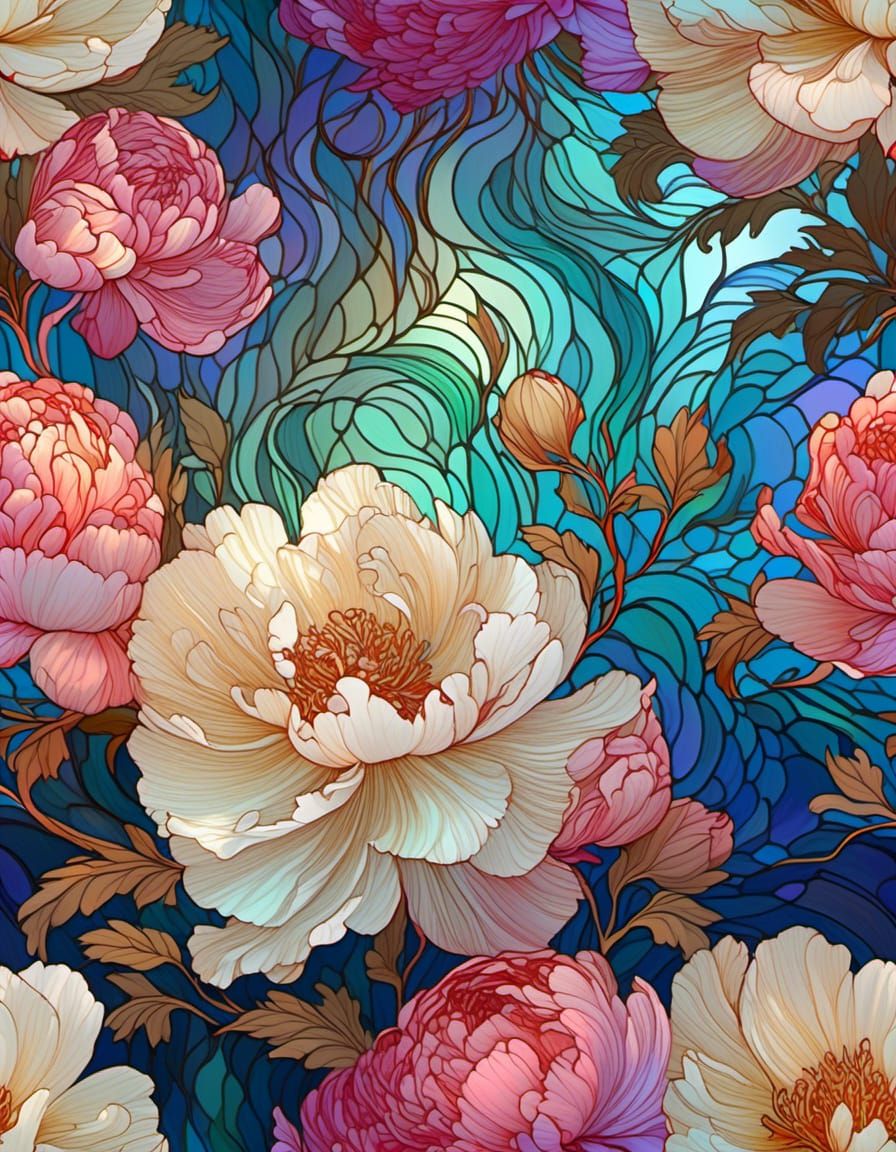 Goddess of Iridescent Peonies in Stained Glass Style