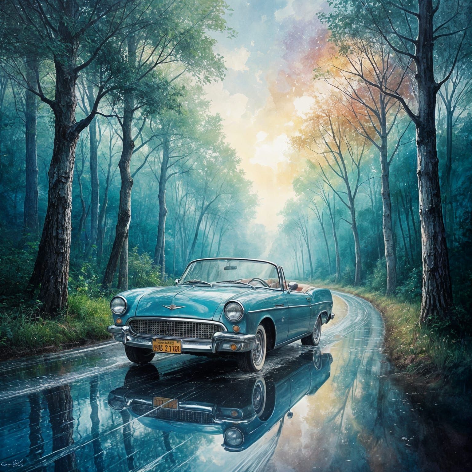 Vintage Car in Alcohol Ink Forest, Abstract Expressionist St...