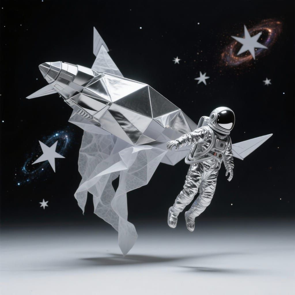 Lone Astronaut in Cosmic Paper Art Style
